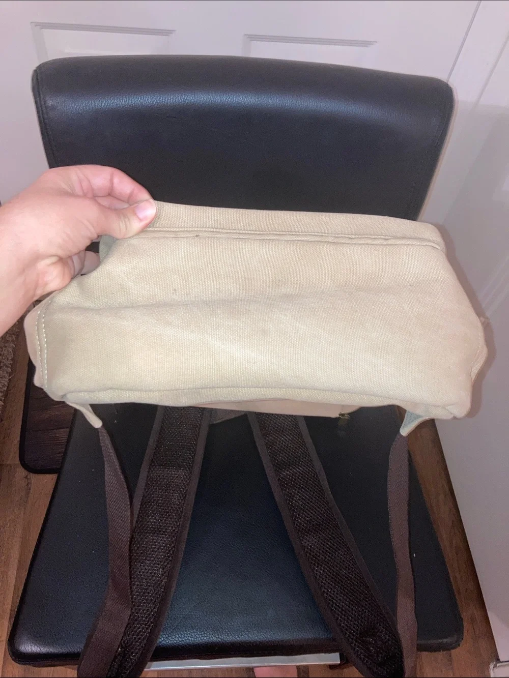 Portage Unisex Beige Canvas Backpack with Brown Trim